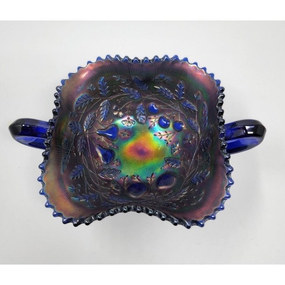 Northwood Cobalt Blue Fruits & Flowers Carnival Glass Handled Bonbon Dish - Picture 6 of 11